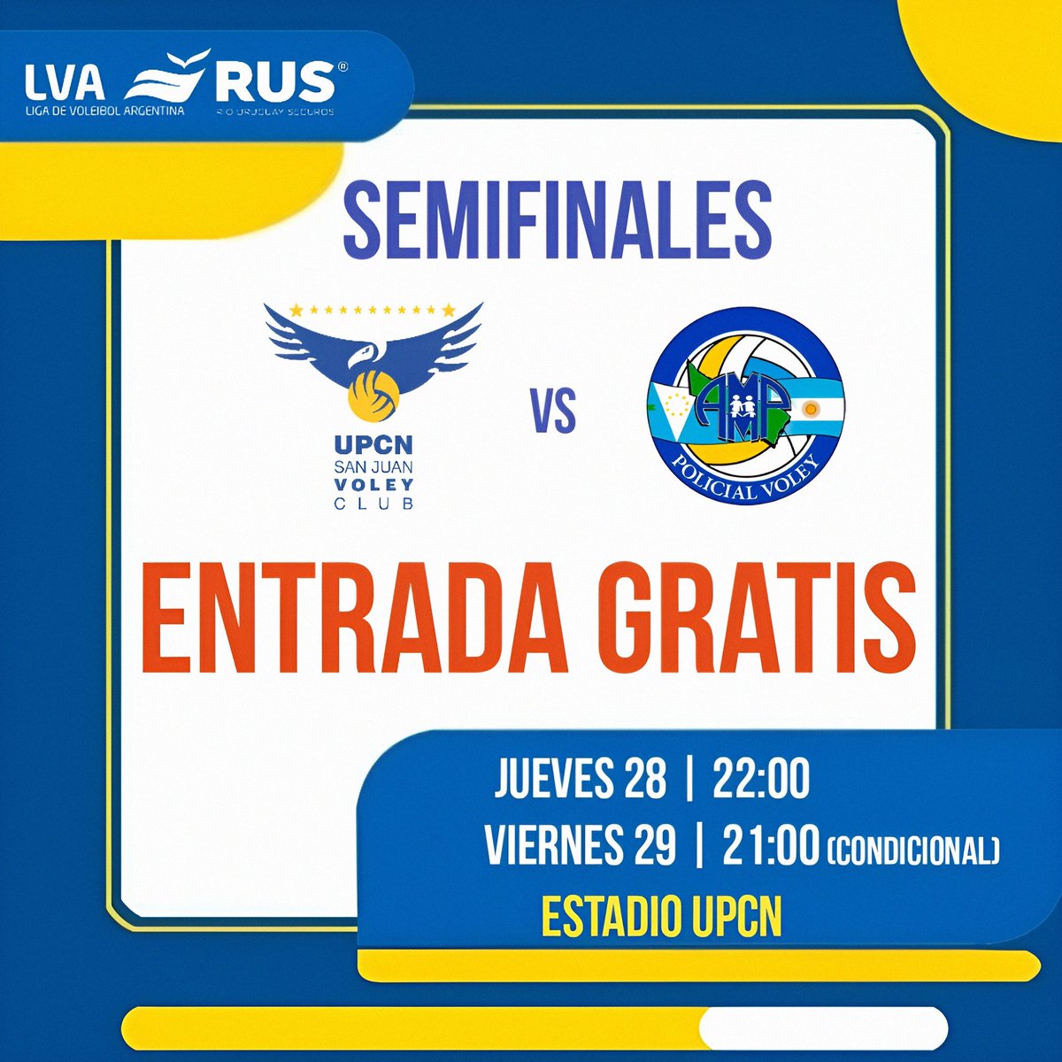 UpcnVoley's tweet photo. ENTRADA GRATIS‼️💥
El partido de semifinales de #LVA entre UPCN y Policial, este jueves a las 22 en el estadio de calle General Acha, tendrá entrada libre y gratuita

También habrá entrada gratis en caso de un tercer encuentro, el viernes a las 21
 #DaleUPCN💙💛
@voleyaclav https://t.co/Ugz0z17U2r