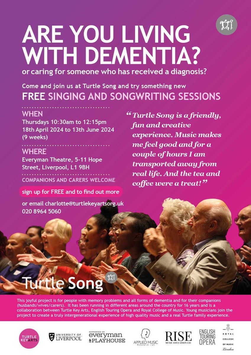 Turtle Song is a new music project for people living with dementia and their companions. 🐢 At @liveveryplay from April to June. Free and open to everyone, regardless of previous experience. Transport provided if needed. 🚗 👇 turtlekeyarts.org.uk/turtlesonglive… #DementiaSupport