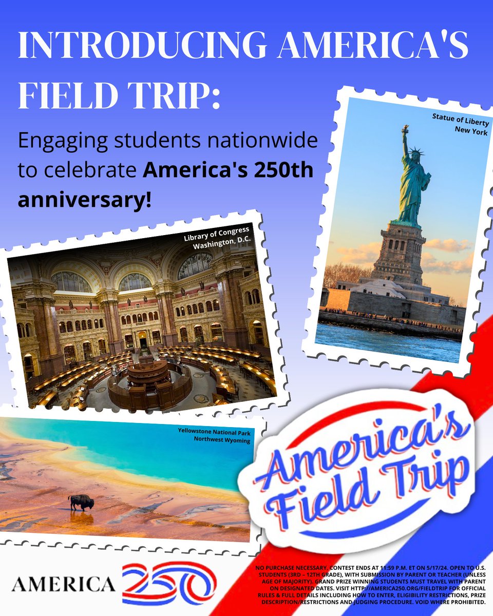 Are you a parent or teacher of a student in Grades 3-12? Encourage them to enter @America250’s #AmericasFieldTrip competition by submitting artwork, essays, videos, or other media that respond to the prompt: “What does America mean to you?” Learn more: america250.org/fieldtrip