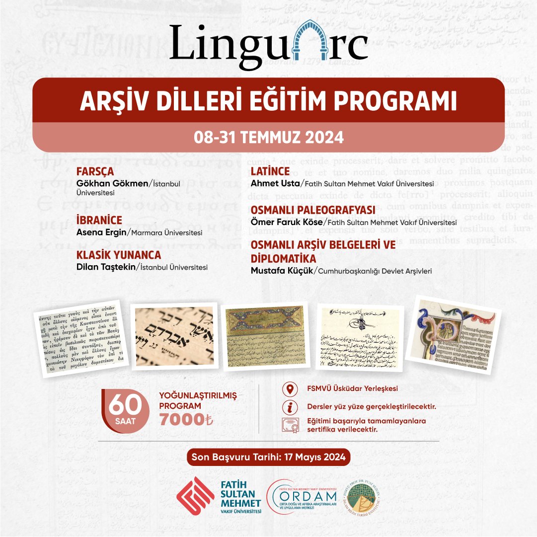 Bu yaz İstanbul’da yeni bir arşiv dili öğrenmeye ne dersiniz? Linguarc, 2024 yılında iki yeni arşiv diliyle yola devam ediyor! 🗓 08 -31 Temmuz 2024 ✅️ Latince ✅️ Klasik Yunanca ✅️ Osmanlı Paleografyası ✅️ İbranice ✅️ Farsça ✅️ Osmanlı Arşiv Belgeleri ve Diplomatika