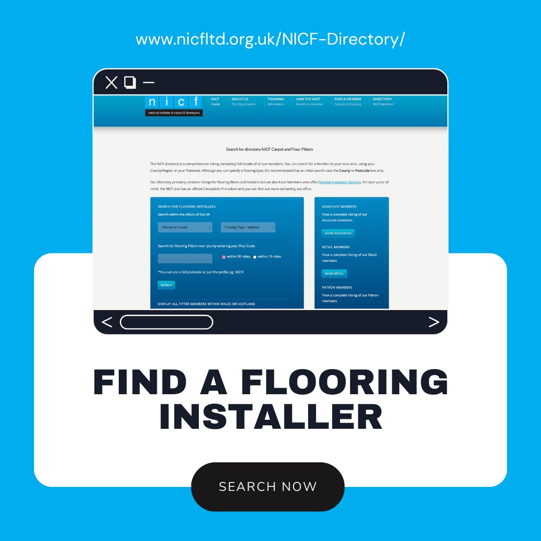 thenicf's tweet image. Search for NICF carpet and floor fitters!

The option to search for associate, retail and patron members separately offers flexibility in your search for a flooring installer.

Try it today! nicfltd.org.uk/NICF-Directory/

#NICF #Fitter #Flooring #Carpet #Floorlayer #Membership #Member