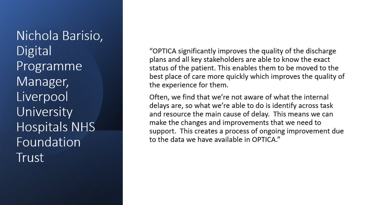 OPTICA_NECS's tweet image. OPTICA #DynamicDischarge is a core product now available to NHS Trusts nationally as part of the @NHSEngland #FederatedDataPlatform.

See below the benefits the solution offers from @LivHospitals Digital Programme Manager who we were recently privileged to work with 👇

#TeamNECS