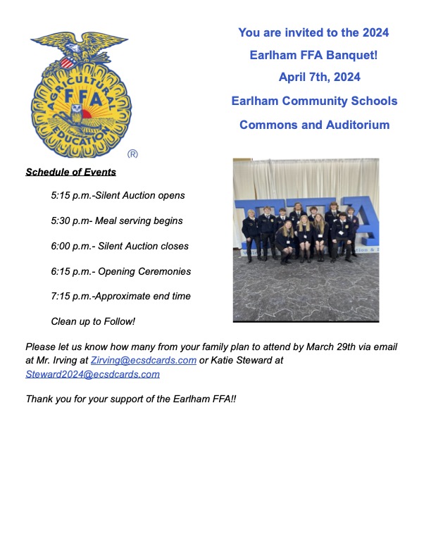 Please email Mr. Irving or Katie Steward by March 29th with the number of people attending the chapter banquet from your family so we can prepare for the meal accordingly.