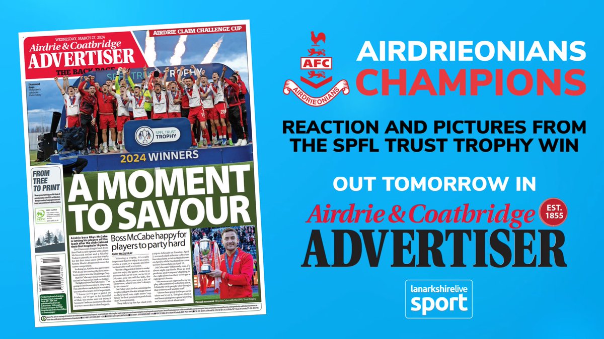 📰♦️ Diamonds fans, make sure you pick up a copy of the @acadvertiser this week for reaction and pictures from Airdrie’s SPFL Trust Trophy triumph!