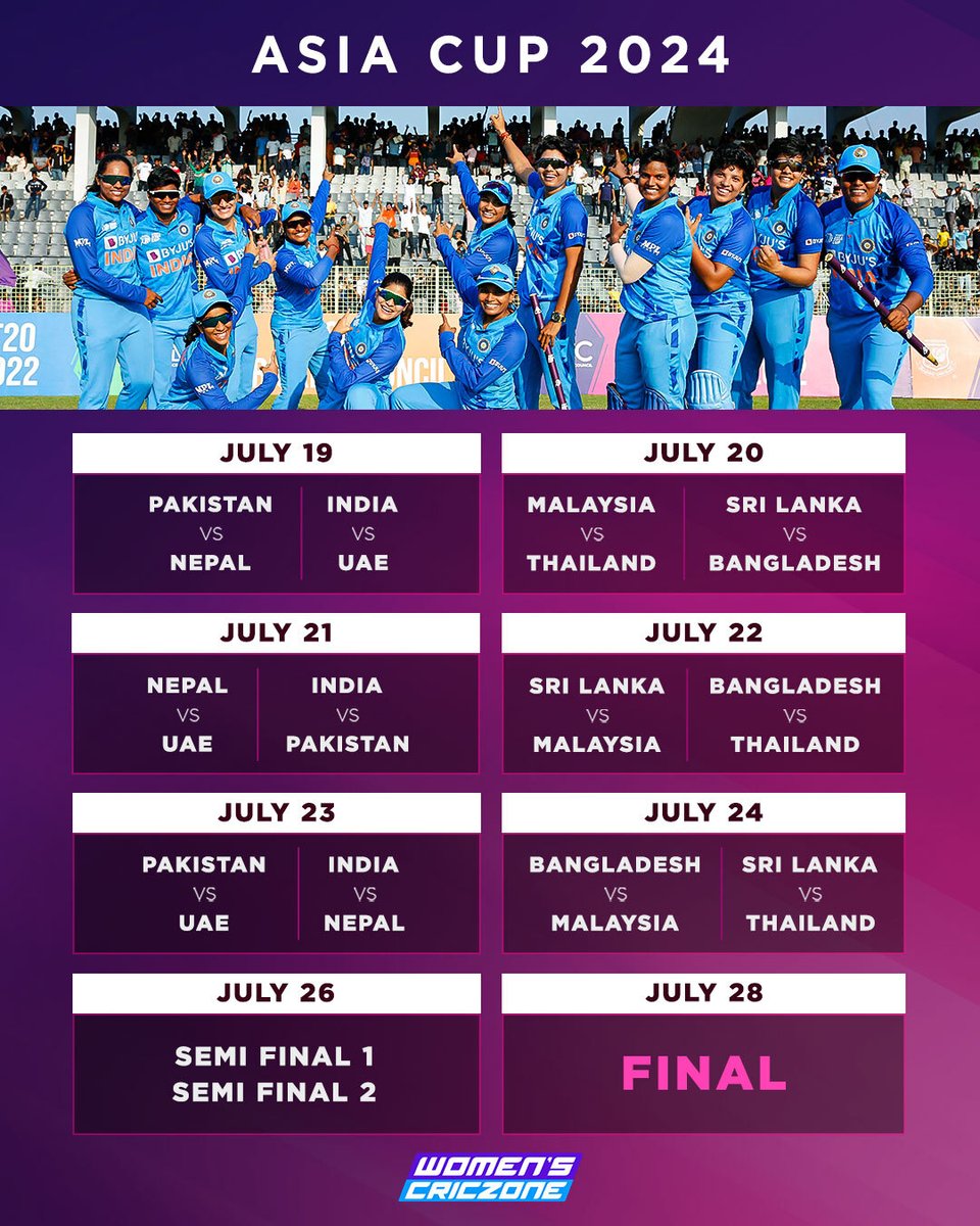 🏆 T20 Asia Cup 2024 📅 July 19 to 28 🏟️ Dambulla, Sri Lanka ✅ 8 teams, 2 groups Each team will play 3 group matches and top 2 teams from yeh group to qualify for the semi-finals. #AsiaCup