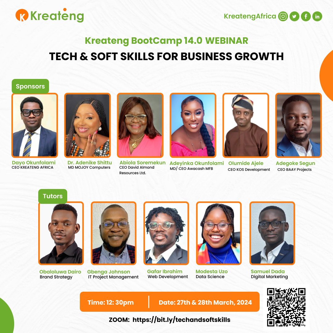 KreatengAfrica's tweet image. Attention all employees! Propel your career forward with the Kreateng Tech BootCamp 14.0 Webinar Session on Tech and Soft Skills for Career Growth! 🚀 March 27th &amp;amp; 28th, 2024 - Secure your spot today and invest in your future success! #TechBootCamp #CareerDevelopment #kreateng