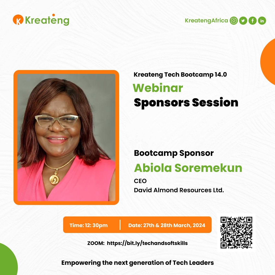 KreatengAfrica's tweet image. Attention all employees! Propel your career forward with the Kreateng Tech BootCamp 14.0 Webinar Session on Tech and Soft Skills for Career Growth! 🚀 March 27th &amp;amp; 28th, 2024 - Secure your spot today and invest in your future success! #TechBootCamp #CareerDevelopment #kreateng