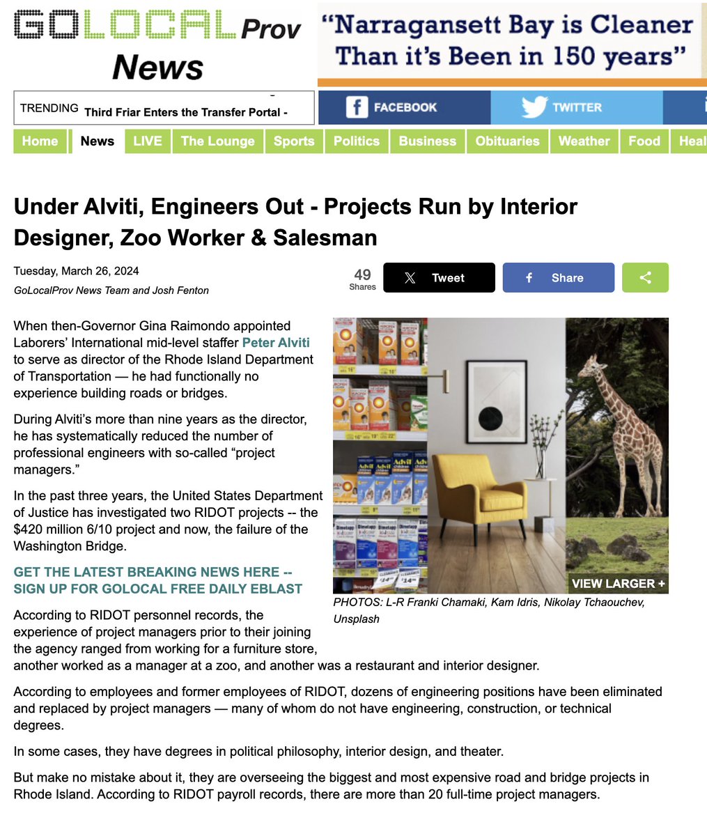 OMG. This GoLocalProv story. The RI DOT eliminated many professional, educated engineers and replaced them with 'project managers' who lack any shred of engineering expertise. Interior designers, zoo employees, and restaurant workers are managing DOT projects. WTVF. Link below.