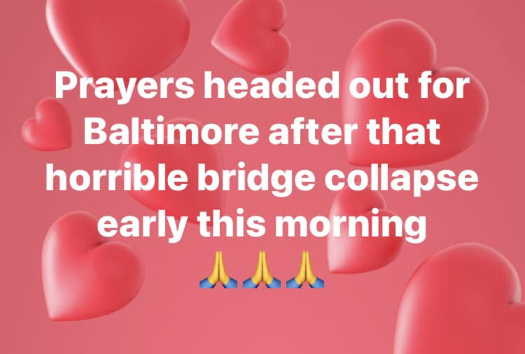 CranberryMerch2's tweet image. Our thoughts &amp;amp; prayers go out to Baltimore after a cargo ship struck The Francis Scott Key Bridge and it collapsed last night.  Massive search and rescue going on with multiple bodies in the water.  God be with you all. 🙏
#keybridgecollapse #baltimore #maryland #searchandrescue