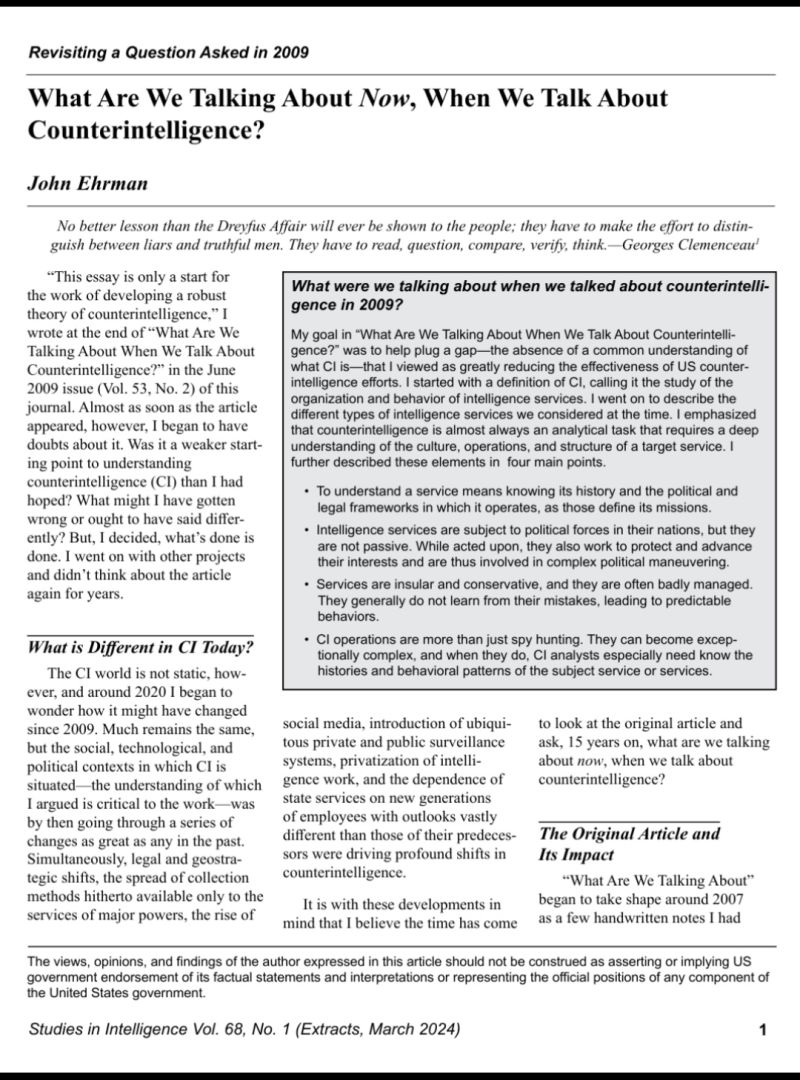 VendrellMarc's tweet image. 💬 ¿Te gusta o trabajas en Contrainteligencia? La Studies in Intelligence, revista editada por la Agencia Central de Inteligencia (CIA), publica este breve artículo sobre los retos de la Contrainteligencia en la actualidad.

#Counterintelligence #Intelligence