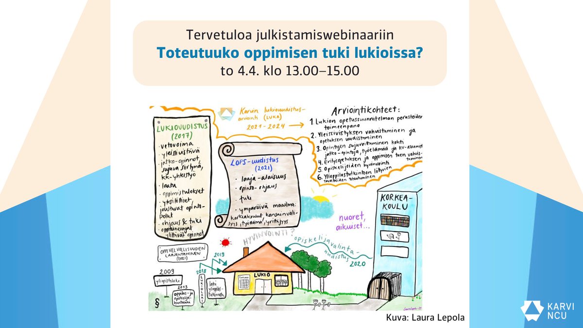 Kuinka oppimisen tuki, etenkin erityisopetus, toteutuu lukioissa? Tervetuloa Karvin julkistamiswebinaariin kuulemaan lukiouudistuksen arvioinnin toisen vaiheen tuloksia! Webinaari pidetään torstaina 4.4.2024 klo 13.00–15.00. Lue lisää: karvi.fi/fi/ajankohtais… #lukiokoulutus