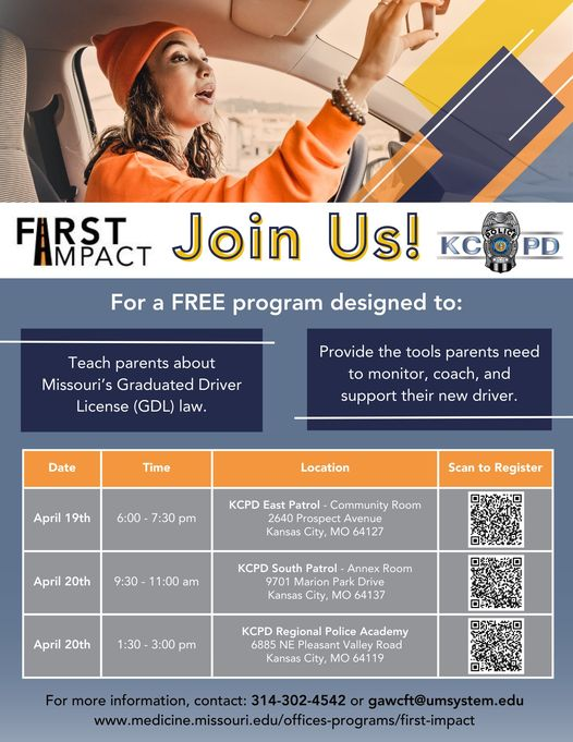 kcpolice's tweet photo. Parents,

If you have a new teenage driver or a teen on the verge of becoming one, we’re offering you help to keep them safe on the roads.

First Impact is a 90-minute safety program aimed at reducing new driver crashes.

We're offering three free class in  April. https://t.co/ET9dPpBKzB