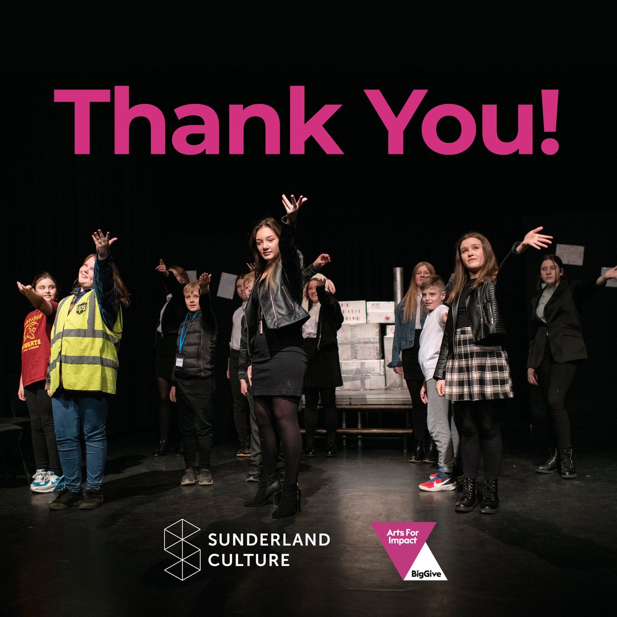 A HUGE thank you to all who donated to our <a href="/BigGive/">Big Give</a> #ArtsforImpact campaign!

You've helped raise over £27,000, surpassing our goal!
Your generosity means more creative opportunities for children and young people in Sunderland.

We're blown away by all your support! ❤️