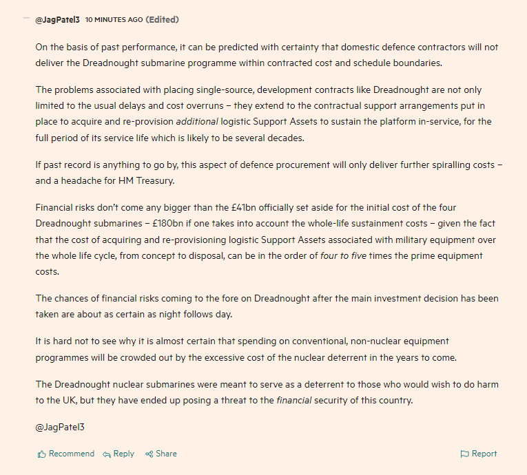 JagPatel3's tweet photo. The #Dreadnought nuclear submarines were meant to serve as a deterrent to those who would wish to do harm to the UK, but they have ended up posing a threat to the *financial* security of this country. #defence

My comment in @FT today.
https://t.co/6dTLwoiGJF https://t.co/SDLEsnGBdt