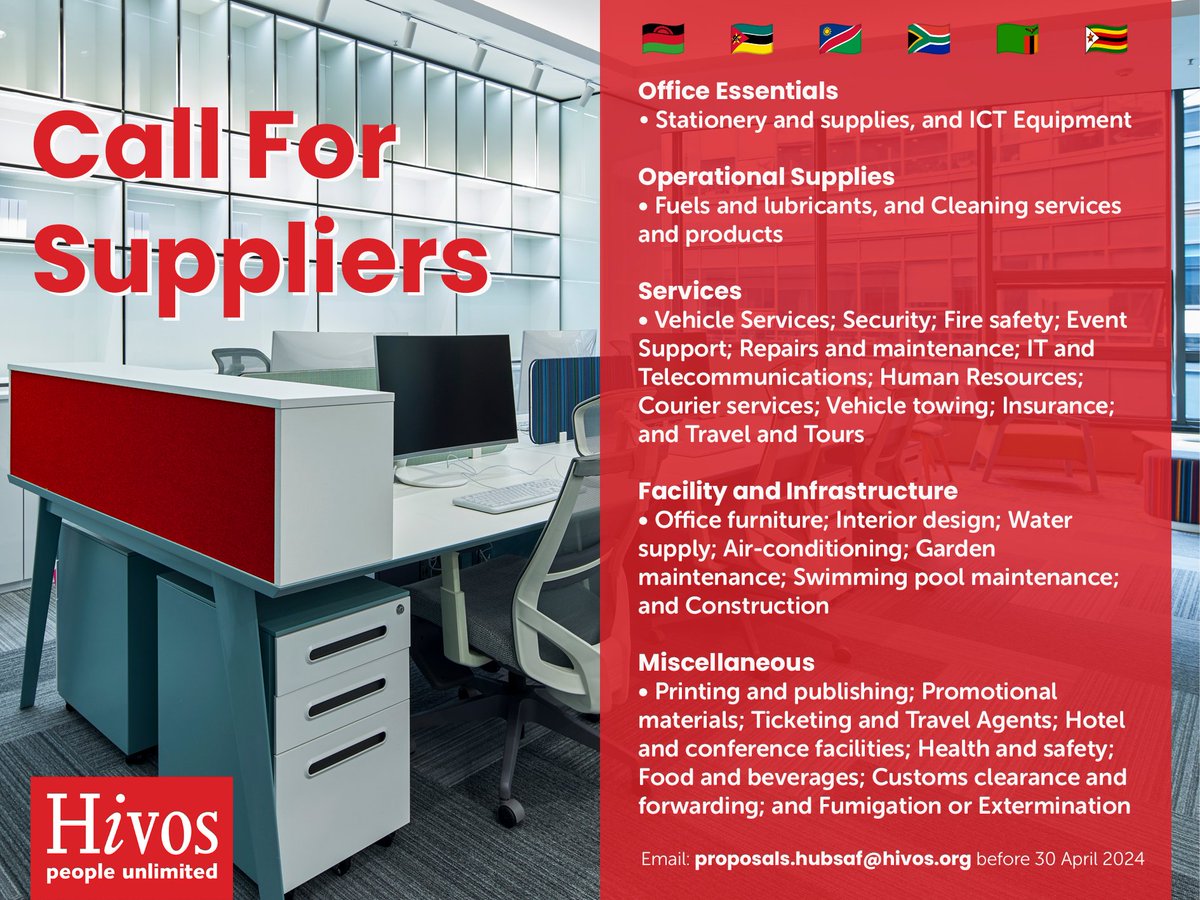 Call For Suppliers 🇲🇼🇲🇿🇳🇦🇿🇦🇿🇲🇿🇼 Hivos is seeking vendors for #office essentials, operational supplies, facility needs and a range of #services. It's your opportunity to partner with us! Deadline: April 30, 2024 Find out more 👉🏾 hivos.org/call/call-for-…