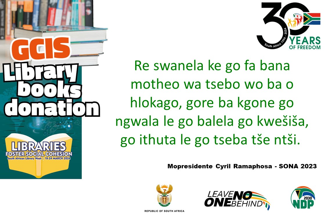 GovernmentZA's tweet image. Re swanela ke go fa bana motheo wa tsebo wo ba o hlokang, gore ba kgone go ngwala le go balela go kwesisa, go ithuta le go tseba tse ntsi. #librariesfostersocialcohesion #salw2024 #libraryweek #bevisible #socialcohesion