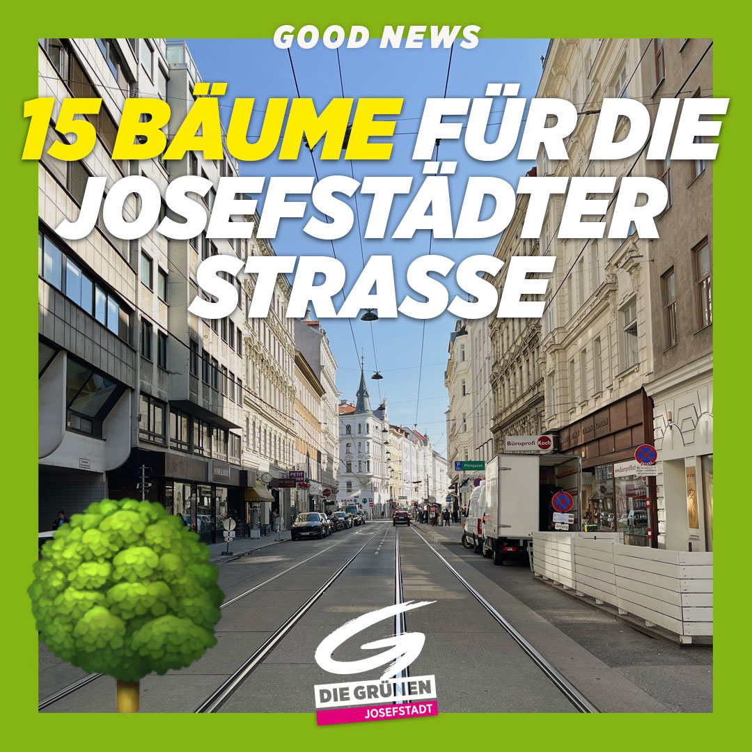 Good news! 🥳 2023 haben wir im Bezirksparlament einen Antrag für Bäume in der Josefstädter Str. gestellt - letzte Woche haben wir ihn gemeinsam mit SPÖ, NEOS u LINKS beschlossen.😍
Wir haben uns lange für eine Begrünung der Josefstädter Str eingesetzt u freuen uns auf 15 Bäume!