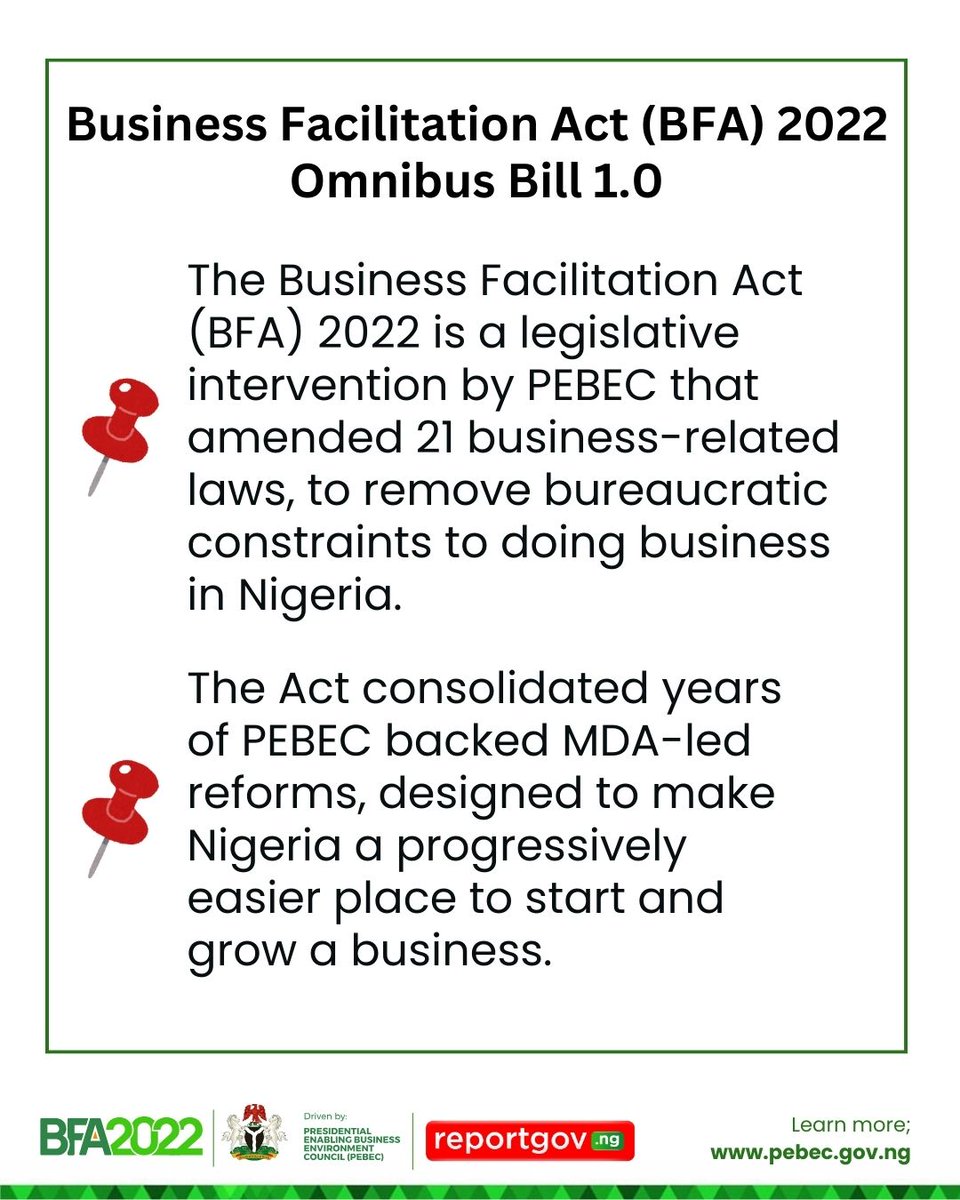 Omnibus Bill 2.0 is here! Building on the gains of the Business Facilitation Act (BFA) 2022, Omnibus Bill 2.0 will drive further legislative reforms related to ease of doing business in Nigeria. #PEBECReforms #BusinessFacilitationAct