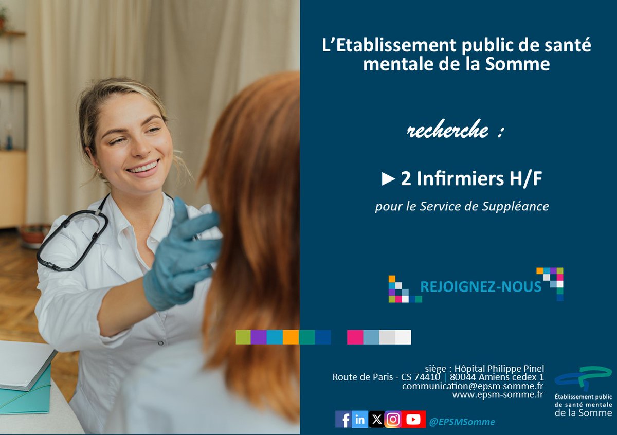 EPSMSomme's tweet image. 📣[#Recrutement] 
L&apos;@EPSMSomme recherche 2 infirmiers h/f pour le Service de Suppléance
Envie de nous rejoindre ? 😊
N&apos;hésitez pas à postuler directement sur notre site internet : ➡️epsm-somme.fr/recrutement-et……
#Emploi #infirmier #infirmiere #onrecrute