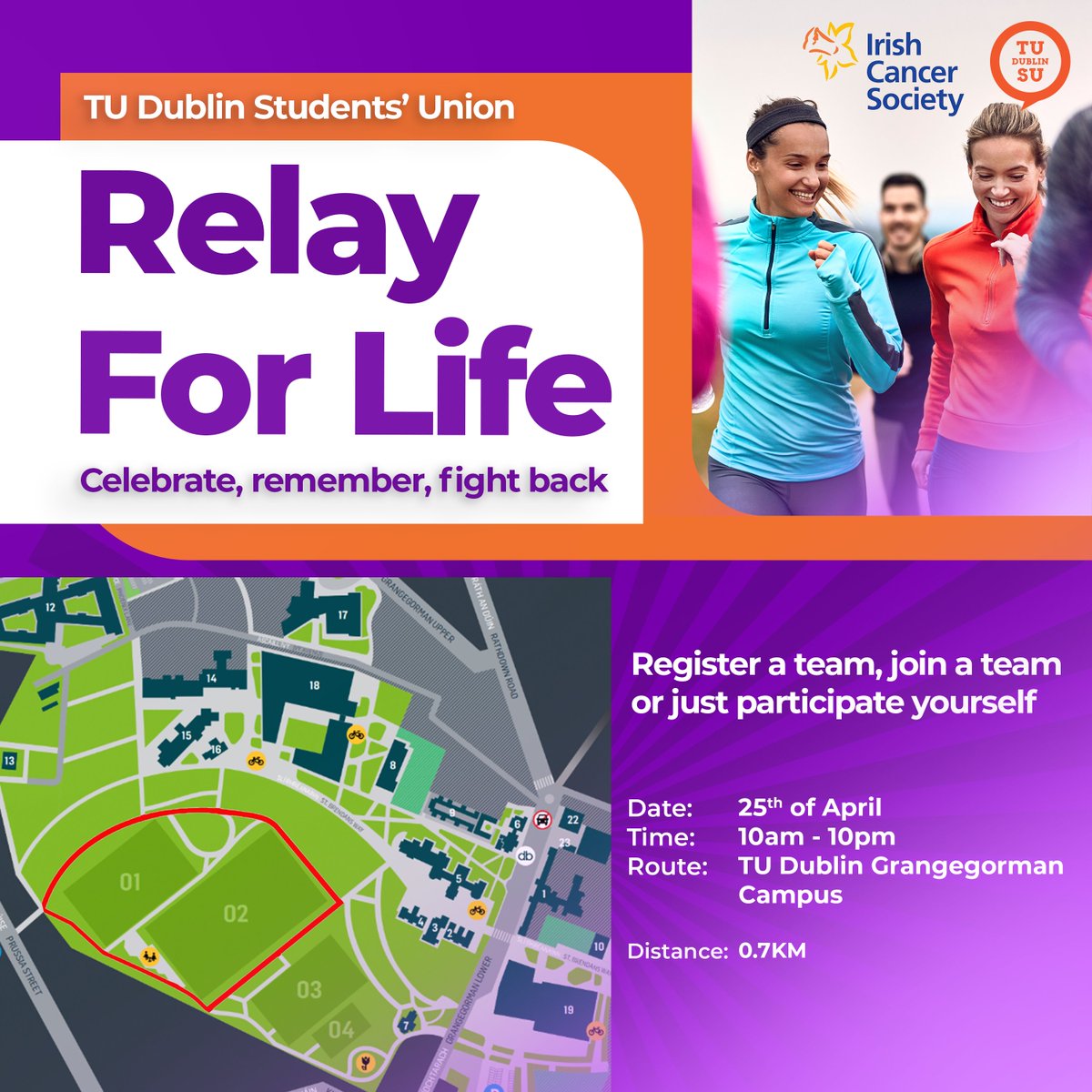 This year, the @tudublinsu are organising a #RelayforLife in aid of @IrishCancerSoc in Grangegorman on 25 April. Event is open to everyone. Register here➡️bit.ly/4aMtuJJ There will be food, refreshments, & entertainment, culminating in the Candle of Hope ceremony.