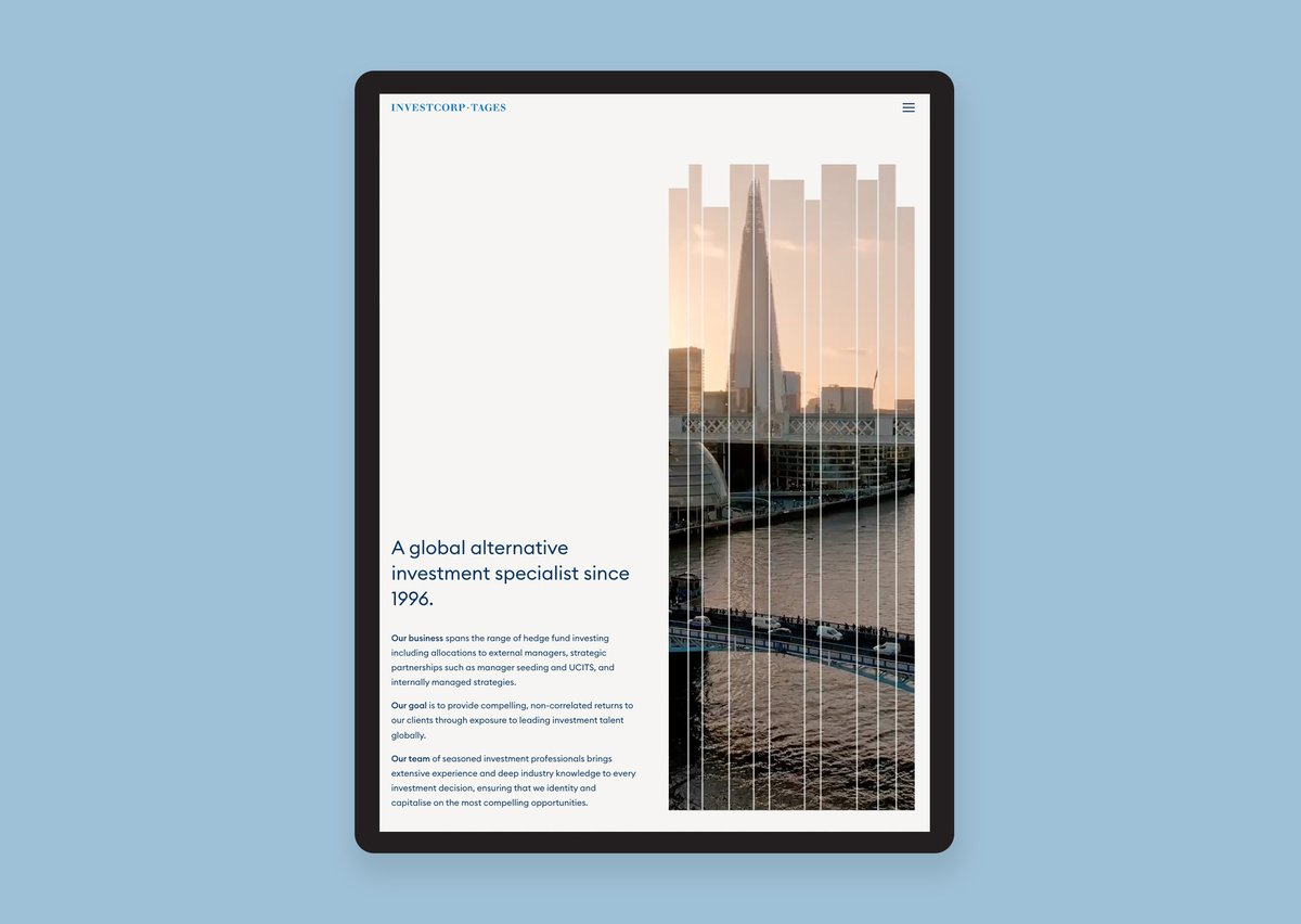 New work: a subtle website redesign for alternative investment specialist Investcorp-Tages, who are based in London, Milan and New York. richardpchapman.com/2024/03/26/sub…