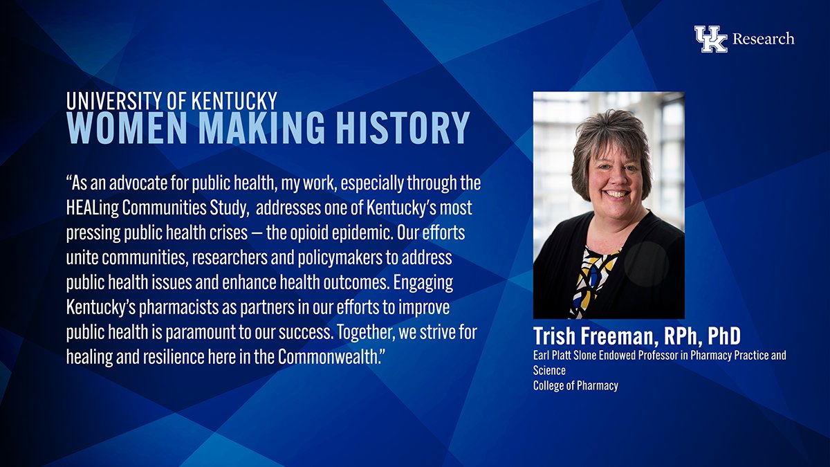In the pursuit of addressing Kentucky’s opioid epidemic, Trish Freeman, Ph.D., is making sure pharmacists are partners in substance use prevention and treatment through her @UK_COP research. #womenmakinghistory pharmacy.uky.edu/people/patrici…