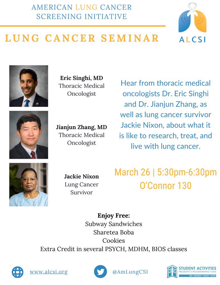 Looking forward to today’s @RiceUniversity @AmLungCSI Lung Cancer Seminar! #lcsm