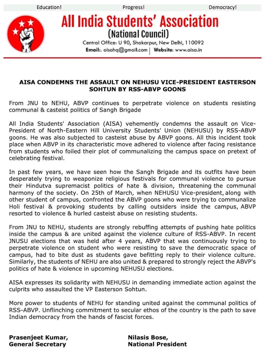 AISA condemns the assault on North-Eastern Hill University Student Union Vice President Easterson Sohtun by RSS-ABVP goons. From JNU to NEHU, ABVP continues to perpetrate violence on students resisting communal & casteist politics of Sangh Brigade