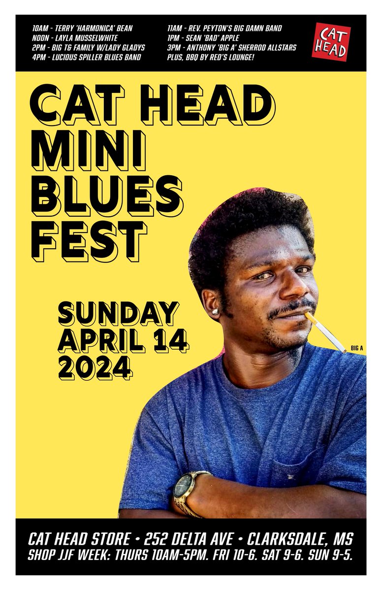CatHeadRoger's tweet photo. Between JUKE JOINT FESTIVAL Official Events like these &amp; Related Events that venues/musicians put on during JJF week, it's the chance of a lifetime to experience hundreds of musical performances &amp; more... 4/11-14, 2024! https://t.co/2O5cypN2KY. #makesomememories #visitclarksdale https://t.co/1xUKO1wkG7