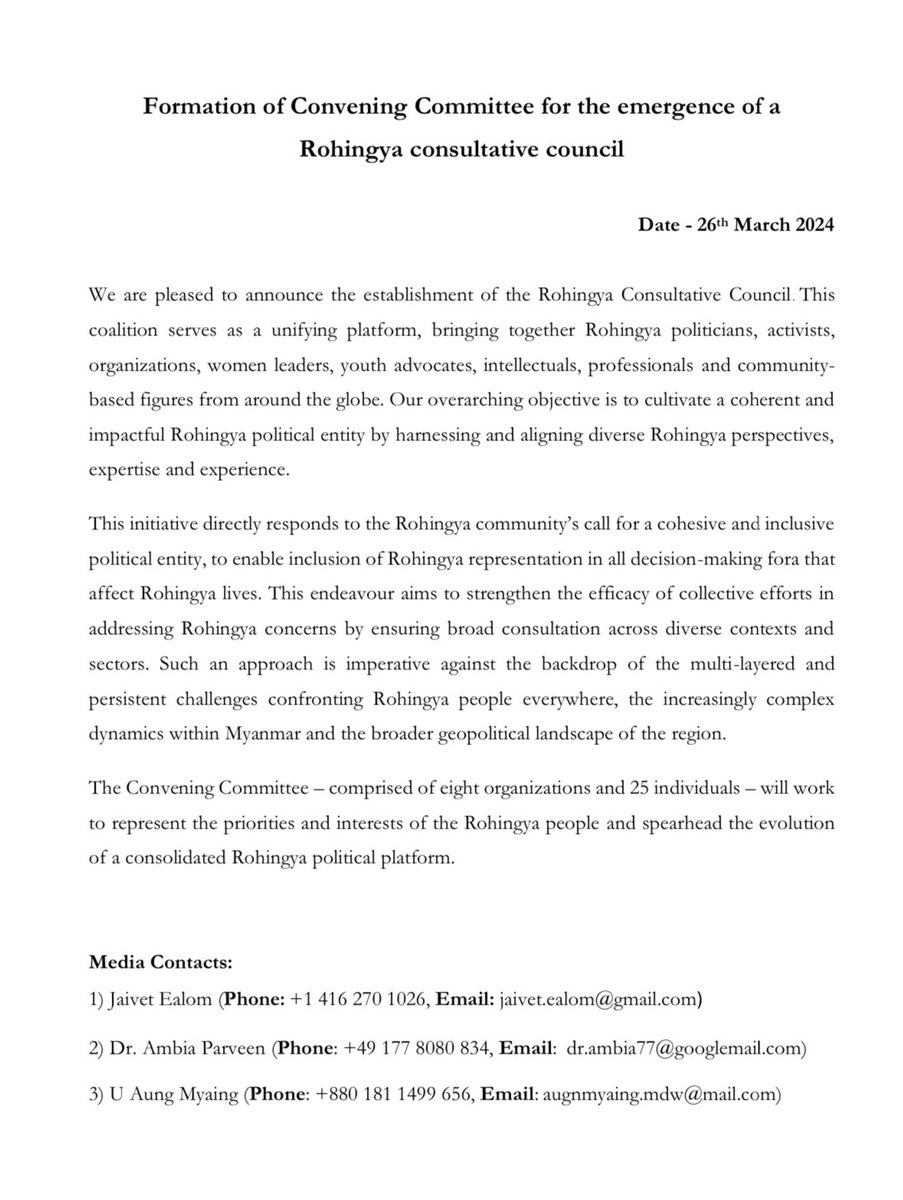 Formation of Convening Committee for the emergence of a
Rohingya consultative council
Date - 26th March 2024