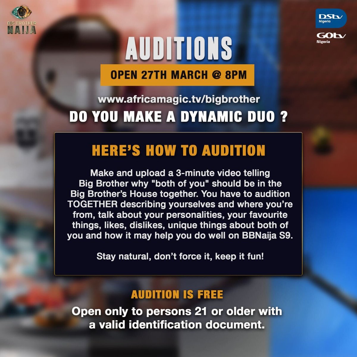 BBNaija's tweet photo. Exciting News!🥁Biggie is back for #BBNaija Season 9 auditions with a twist! The audition requires 2️⃣ people.🎉

Can you make a Dynamic Duo? Simply follow the instructions!👇🏾 

🚨Auditions open on 27th March at 8pm!‼️

Visit https://t.co/74wTXFcBLb for more info! https://t.co/pYSkiefvXe