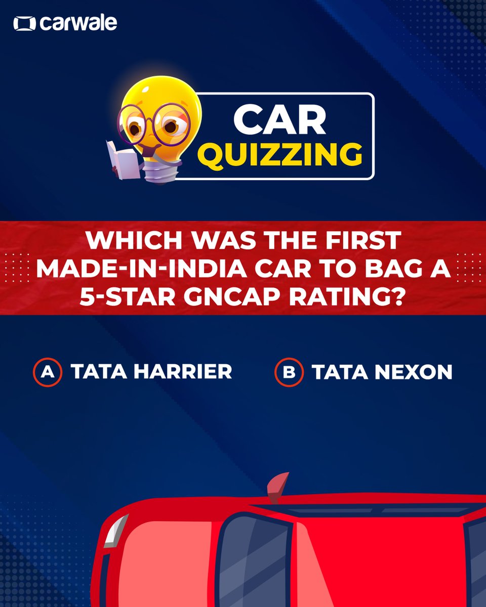 CarWale's tweet image. Test your knowledge!

Can you name the first made-in-India car to achieve a 5-star GNCAP rating?
Share your answer in the comments below!

#IndianAutomobiles #QuizTime #CarQuiz #CWCarQuizzing #automotive