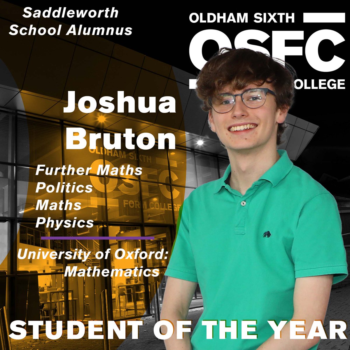 Josh achieved phenomenal A*A*A*B grades in his A Level studies in Maths, Further Maths, Physics and Politics after joining OSFC from @saddleworth_sch. Josh is now studying Maths at @UniofOxford #WeAreOSFC #StudentSuccess #Alumni