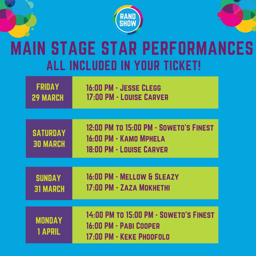Get your tickets: 

Online at TicketPro: rb.gy/2cwcv0 for benefits like skipping queues, entering competitions, and family discounts.  

At any TicketPro outlet like Spar PayZone. 

 Or at the door to The Rand Show from March 28 to April 1.  

 #RandShow2024