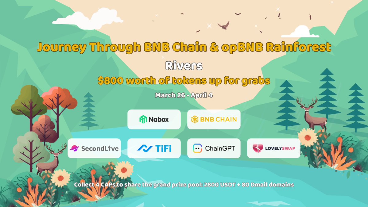 🌊Rivers mark the beginning of our journey, representing the lifeblood of @BNBCHAIN, with @SecondLiveReal @TiFiToken @Chain_GPT @lovely_swap as representatives. Together, we infuse #BNBChain with vitality!💪 🔗taskon.xyz/campaign/detai… Don't hesitate, embark on your exploration