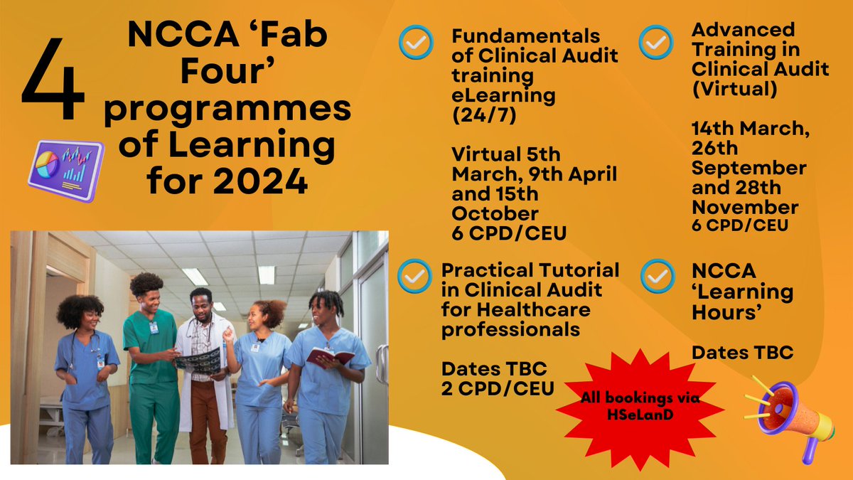 📢Are you interested in completing training in Clinical Audit? See our scheduled trainings below which can be booked via @HSE_HSeLanD . For more information on all things quality and patient safety training see the @NationalQPS prospectus👉www2.healthservice.hse.ie/organisation/q…