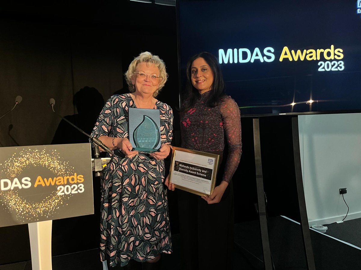 Congratulations to Anamika and Jayne for being finalists at the Midlands Inclusivity and Diversity Award Scheme! Jayne Evans is Chair of our ENABLE staff network and was a joint winner for the Outstanding Network of the Year award! #MIDASAwards @NHSMidlands