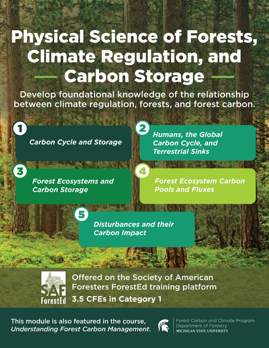 Learn more about the global carbon cycle and carbon storage in forests, with our mini-course, Physical Science of Forests, Climate Regulation, and Carbon Storage on @foresters ForestEd. Only a few days left to register! bit.ly/3TjmZrI