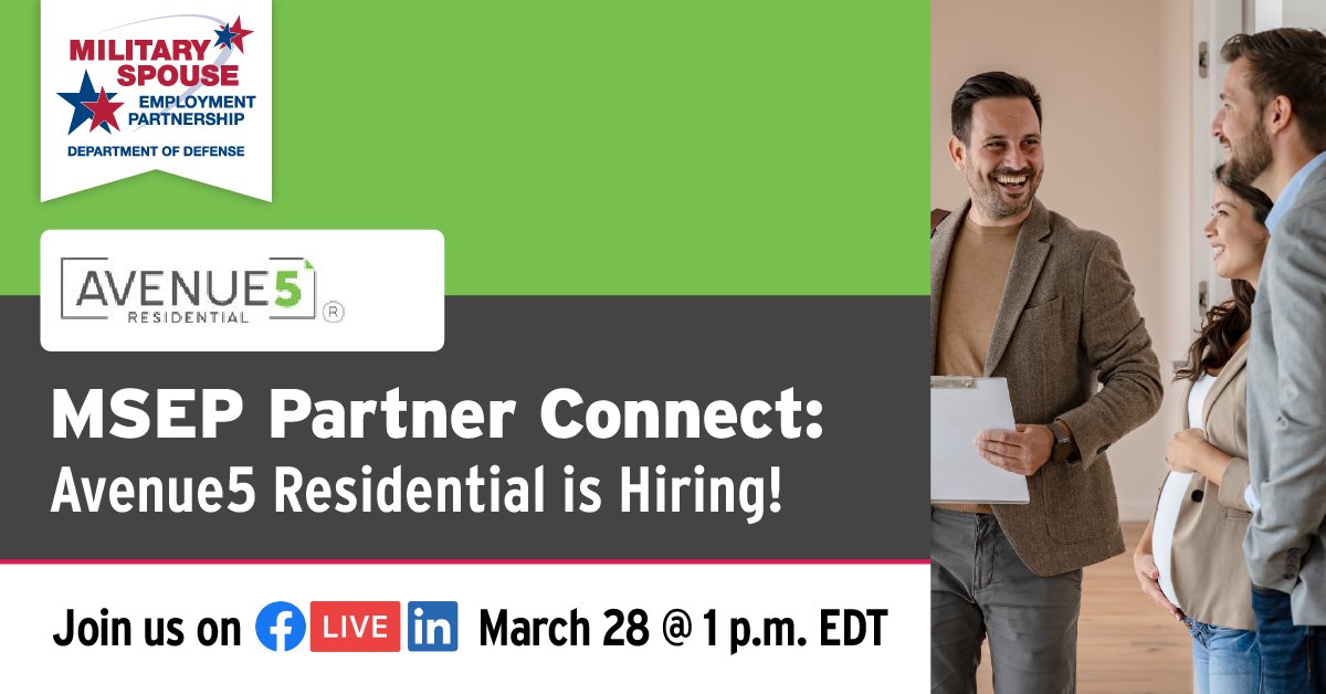 MSEP partner @Avenue5Res is hiring 🗣️! Tune in this Thursday, March 28, at 1 p.m. EDT to connect live with a representative and learn about a range of opportunities from leasing management to marketing: myseco.militaryonesource.mil/portal/events.