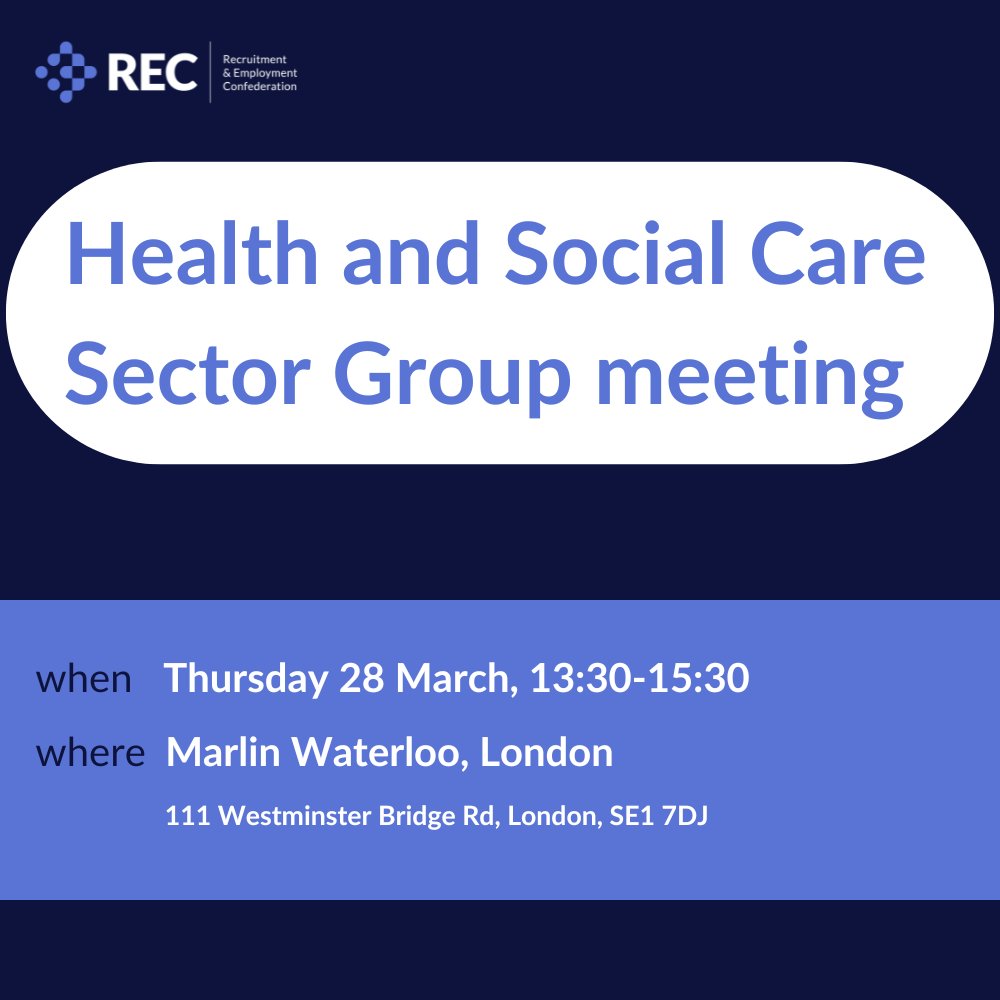 RECmembers's tweet image. Don&apos;t miss our Health &amp;amp; Social Care Sector Group Meeting  this Thursday 28 March at  Marlin Waterloo, London. Hear from the Royal College of Nursing and the charity &apos;Unseen&apos;. Learn about agency caps &amp;amp; #NHS controls, #SpringBudget &amp;amp; legal updates. Join here bit.ly/3UZ3aau