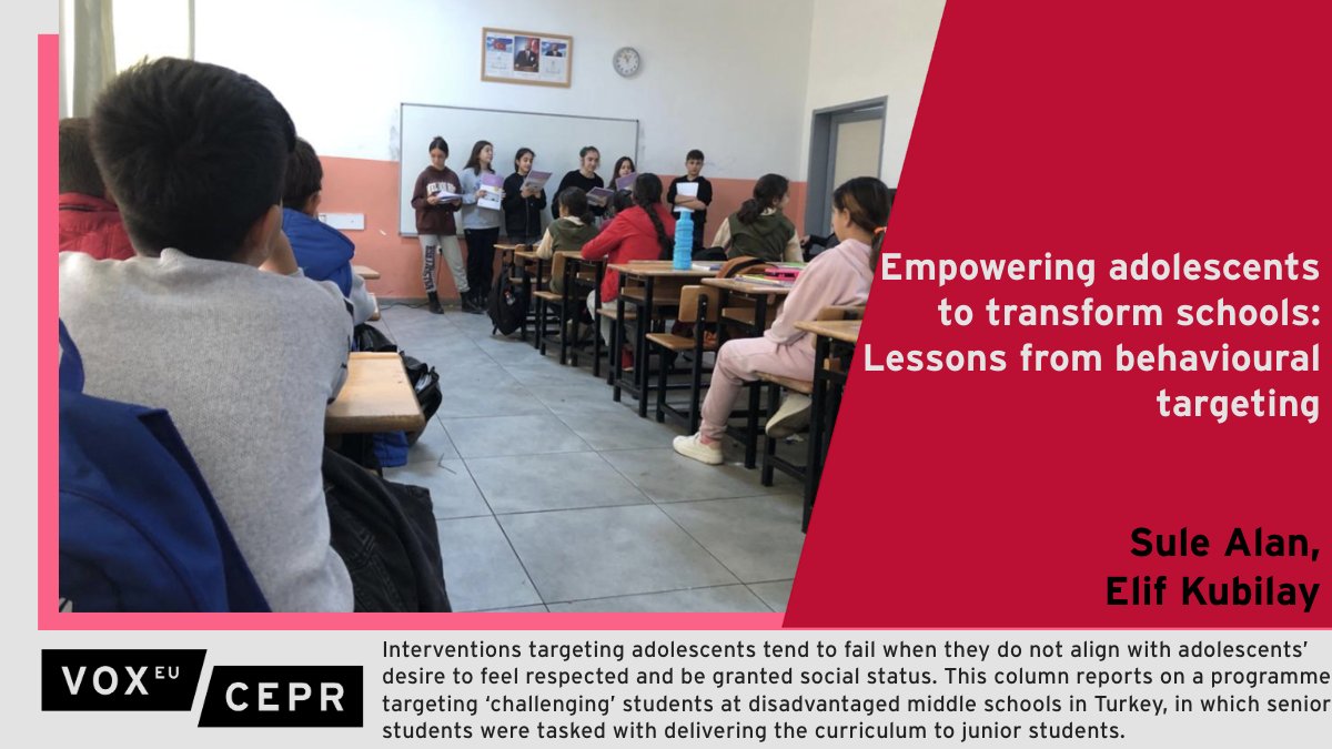 A programme targeting ‘challenging’ students at middle schools in #Turkey reduced disciplinary incidents, anti-social behaviour and its tolerance, while fostering support between students. @sulealan_econ @EUI_EU @BilkentEconDept, @elifkubilay @Uni_of_Essex ow.ly/73AP50R11Ry