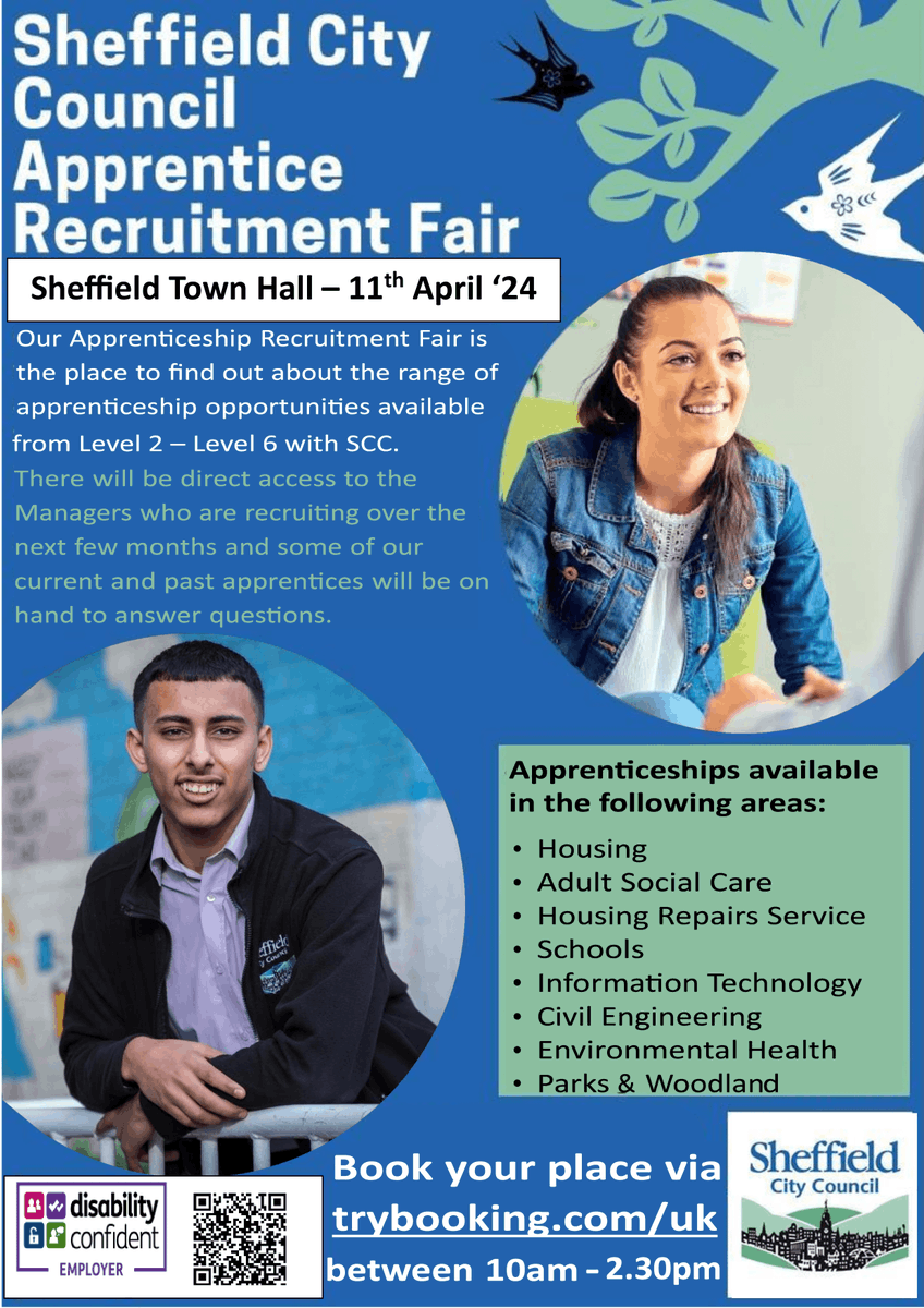 soarcommunity's tweet photo. Find out about the apprenticeship opportunities available with @SheffCouncil at this recruitment fair on Thursday 11th April.

Book your space 👇 https://t.co/hPwSg79SNh https://t.co/O4j0faj7Il