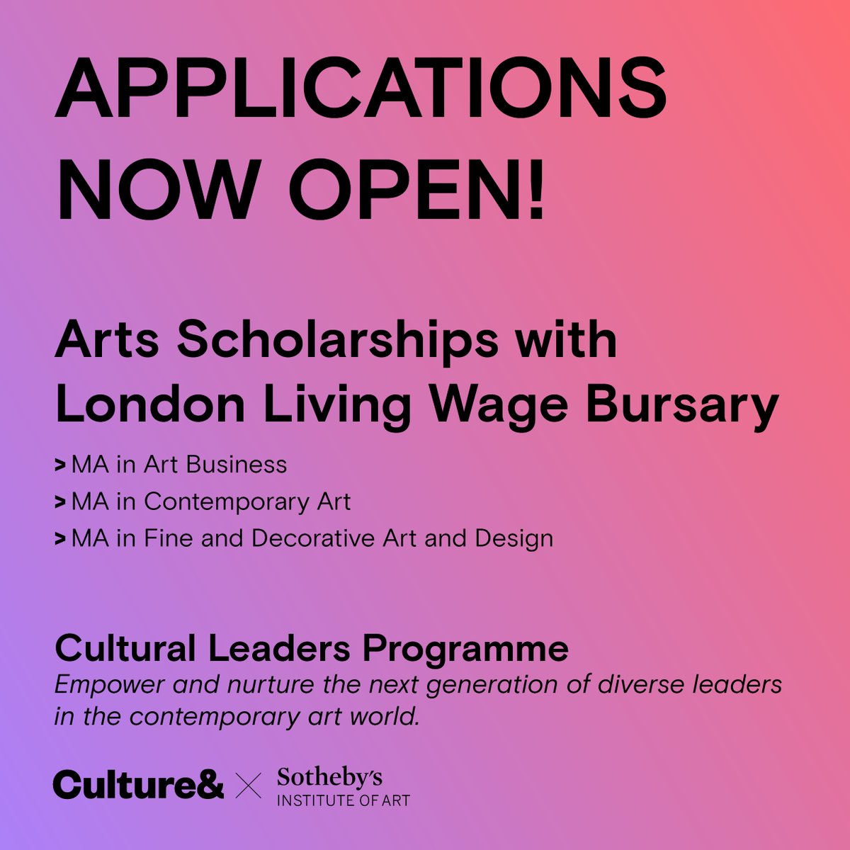 The first of its kind in the contemporary UK art world, The Culture& x Sotheby's Institute of Art, London Cultural Leaders Programme is designed to empower and nurture the next generation of diverse leaders. Applications close 3 April. Learn more: bit.ly/4a8V3Ni