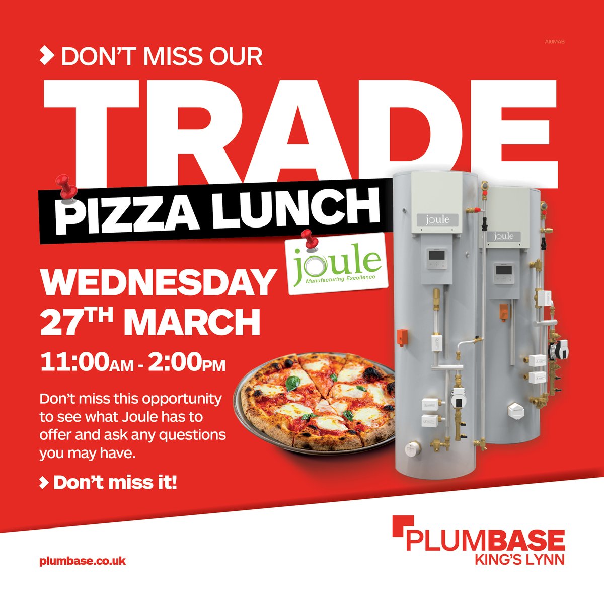 Plumbase King's Lynn would love you to join them on Wednesday 27th March from 11am for their Trade Pizza Lunch with @Joule UK. Come and chat all things Joule to find the latest information in cylinders. Plus the pizzas are delicious 😊🍕. #heating #plumbing #plumbingmerchants