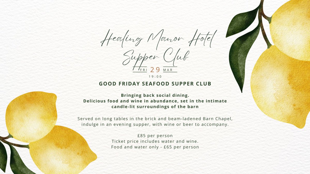 There are just 4 tickets left for Supper Club this Good Friday! Enjoy a delicious seafood feast, free-flowing wine and sparkling conversation, for £85 per person. Get your tickets: healingmanorhotel.co.uk/2024/02/02/hea…