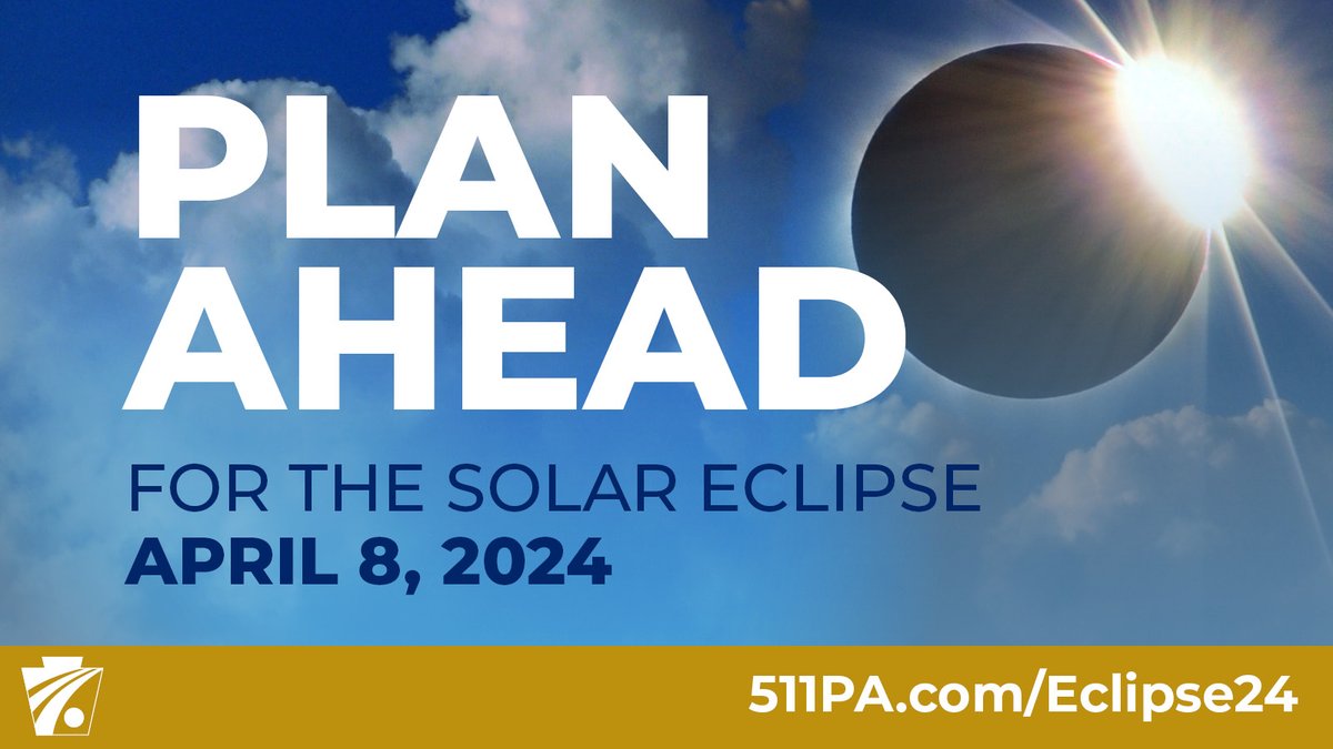 The solar eclipse path travels thru NW PA on 4/8. Be sure to plan ahead: • Arrive early, stay put. • Know more than 1 route. • Be ready for higher traffic. • Fill tank & charge phone. • Take snacks, drinks, meds, diapers. More ➡️ 511pa.com/eclipse24 #eclipse24