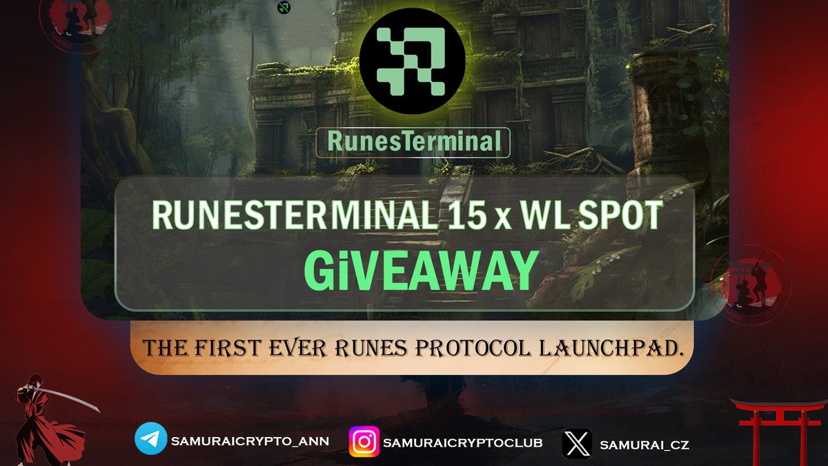 @Runes_terminal: 15 Whitelist Spot Giveaway 😍

To enter:
1️⃣Follow <a href="/runes_terminal/">RunesTerminal</a> &amp; <a href="/Samurai_CZ/">Samurai Crypto Club⛩️</a> 
2️⃣Retweet +🩷  this post
▣ Drop your taproot address

⏰24h!

#Giveaway #Whitelist #Runes #Bitcoin #Runesterminal