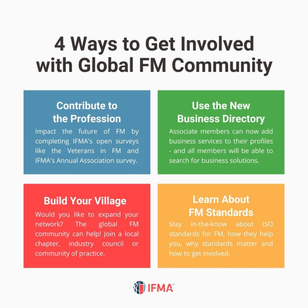 Get involved with the Global FM Community in 4 ways! 

1️⃣ Share your insights in IFMA surveys
2️⃣ Use & contribute to the new Business Directory
3️⃣ Join a local chapter or community for networking & learning
4️⃣ Stay updated with FM ISO standards

#GlobalFM #FacilityManagement