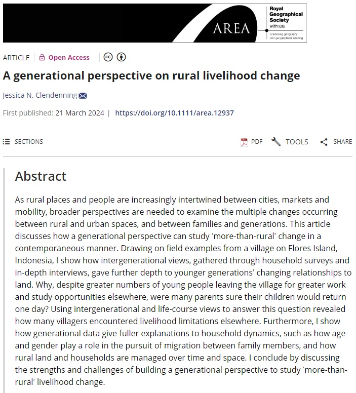 🔊New paper published in #AreaJournal by @IbuJessika (@CarsonCenter):

'A generational perspective on rural livelihood change'. #OpenAccess 

 doi.org/10.1111/area.1…