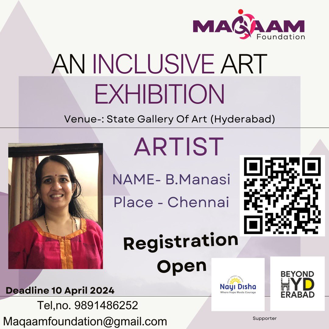 Registrations Open

AN INCLUSIVE ART EXHIBITION 
Maqaam Foundation is organizing an upcoming art exhibition in Hyderabad, showcasing the works of both young and seasoned artists. It is a great opportunity for artist registration link - 
forms.gle/33mhDcXNXkvSxU…